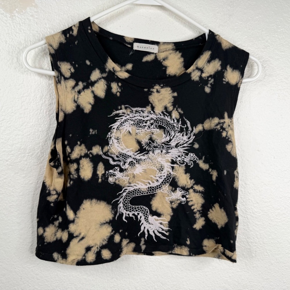 Occasion Top Cropped Tie Dye Dragon Graphic Grunge 90's Black Sz M
